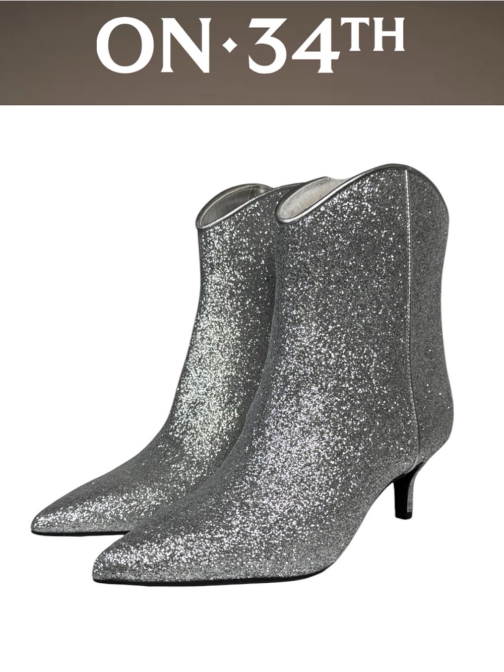 NIB ON 34TH AATIRA TULIP GLITTER BOOTIES SILVER KITTEN HEEL POINTED TOE SIZE 7